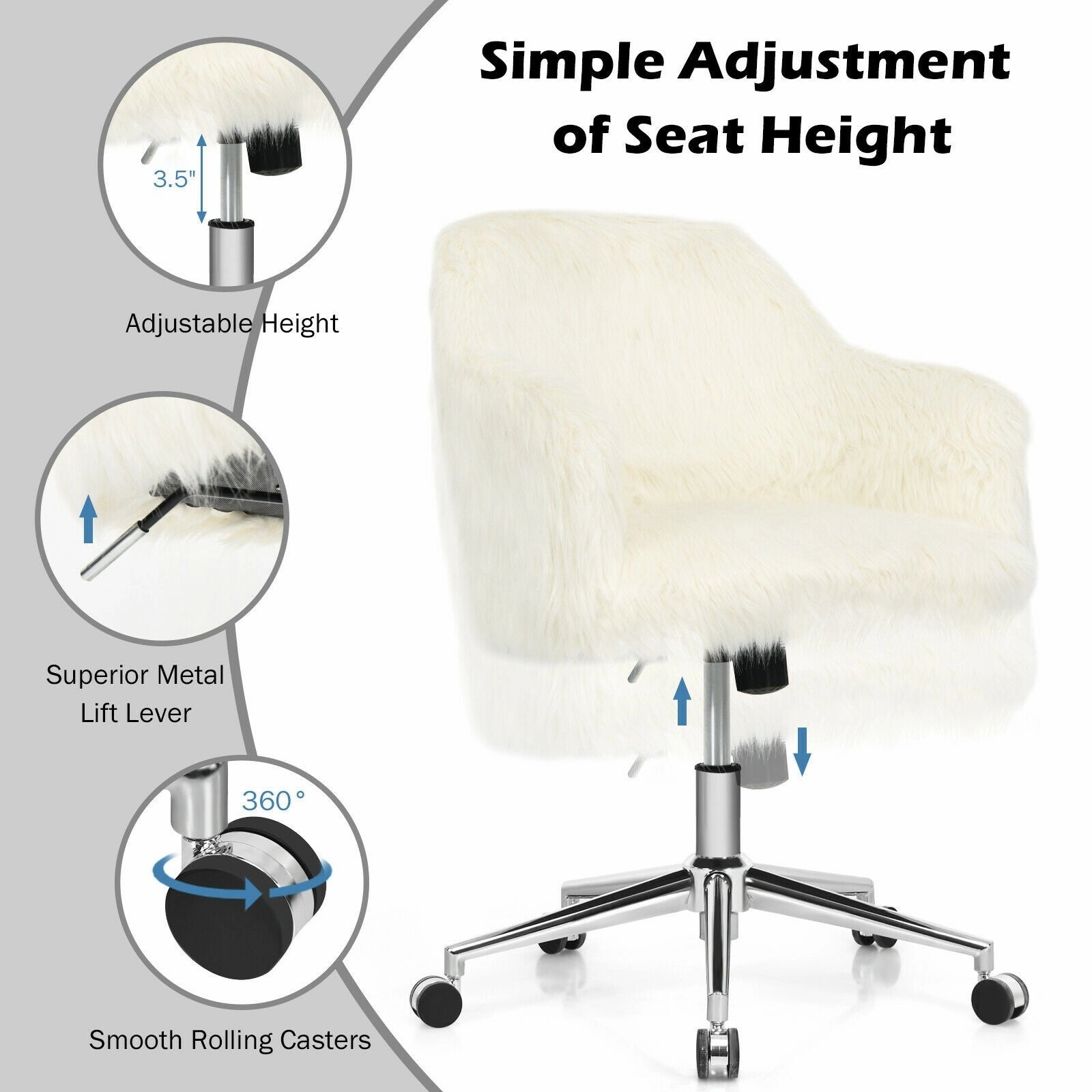 Modern Office Desk Chair, Fluffy Faux Fur Vanity Chair