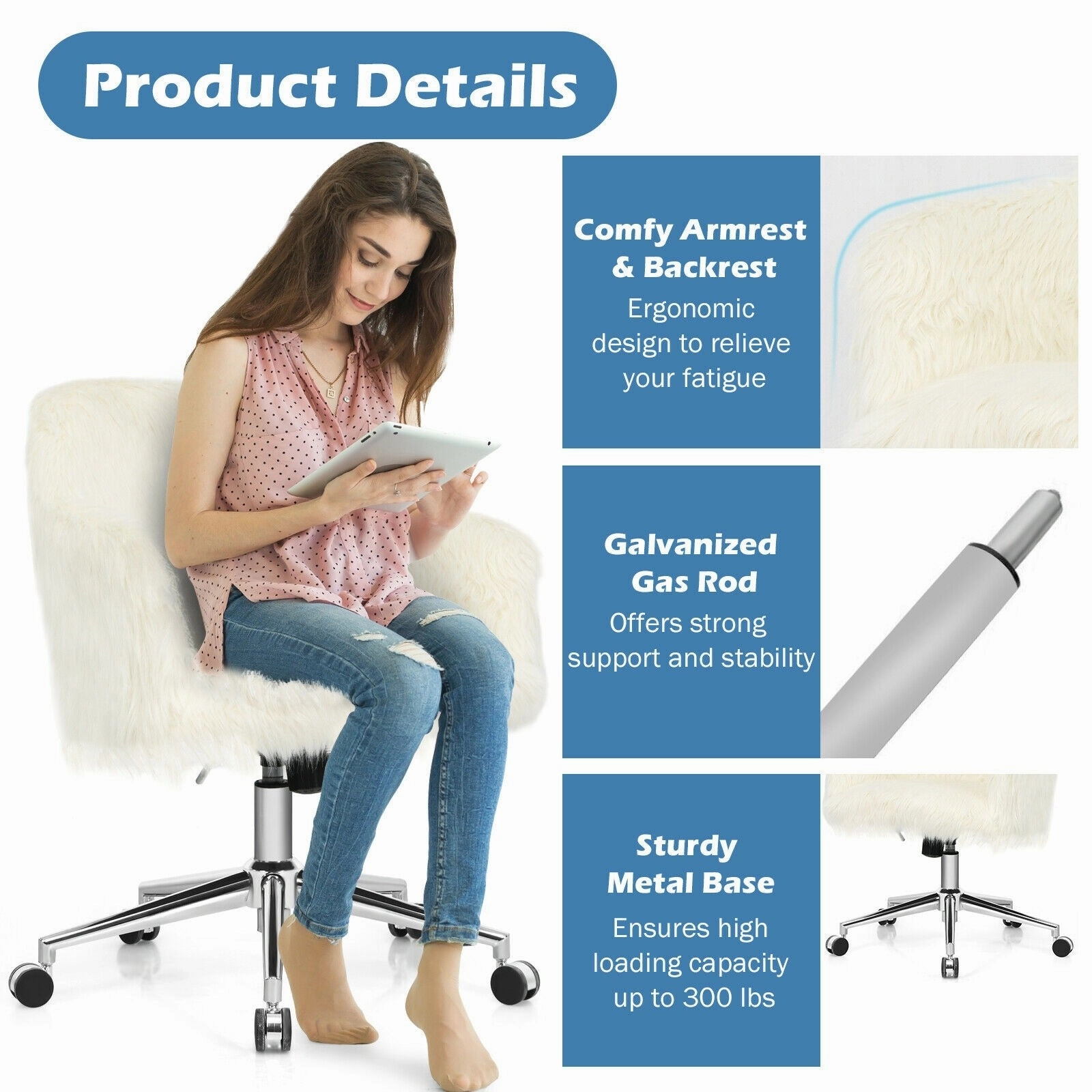 Modern Office Desk Chair, Fluffy Faux Fur Vanity Chair