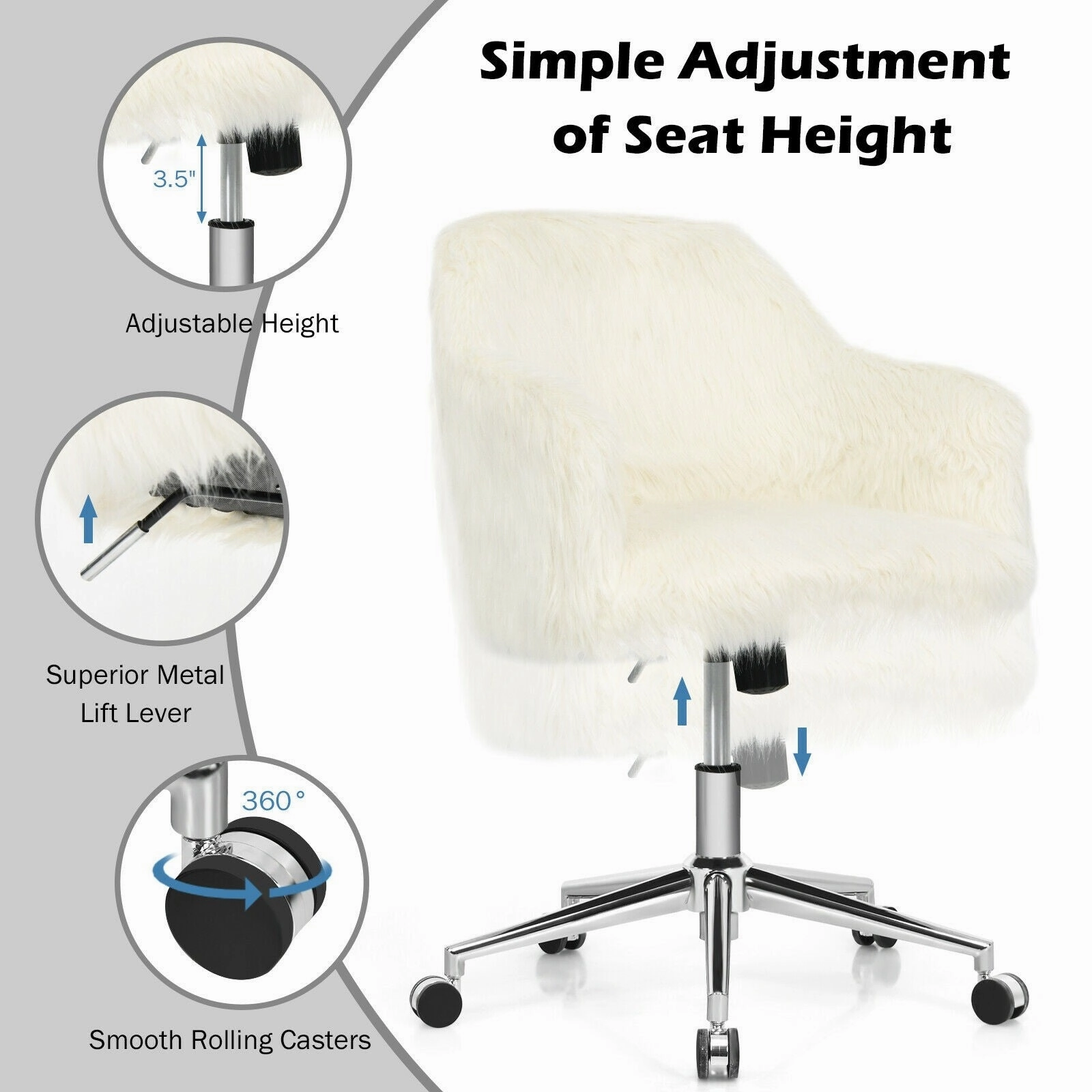 Modern Office Desk Chair, Fluffy Faux Fur Vanity Chair