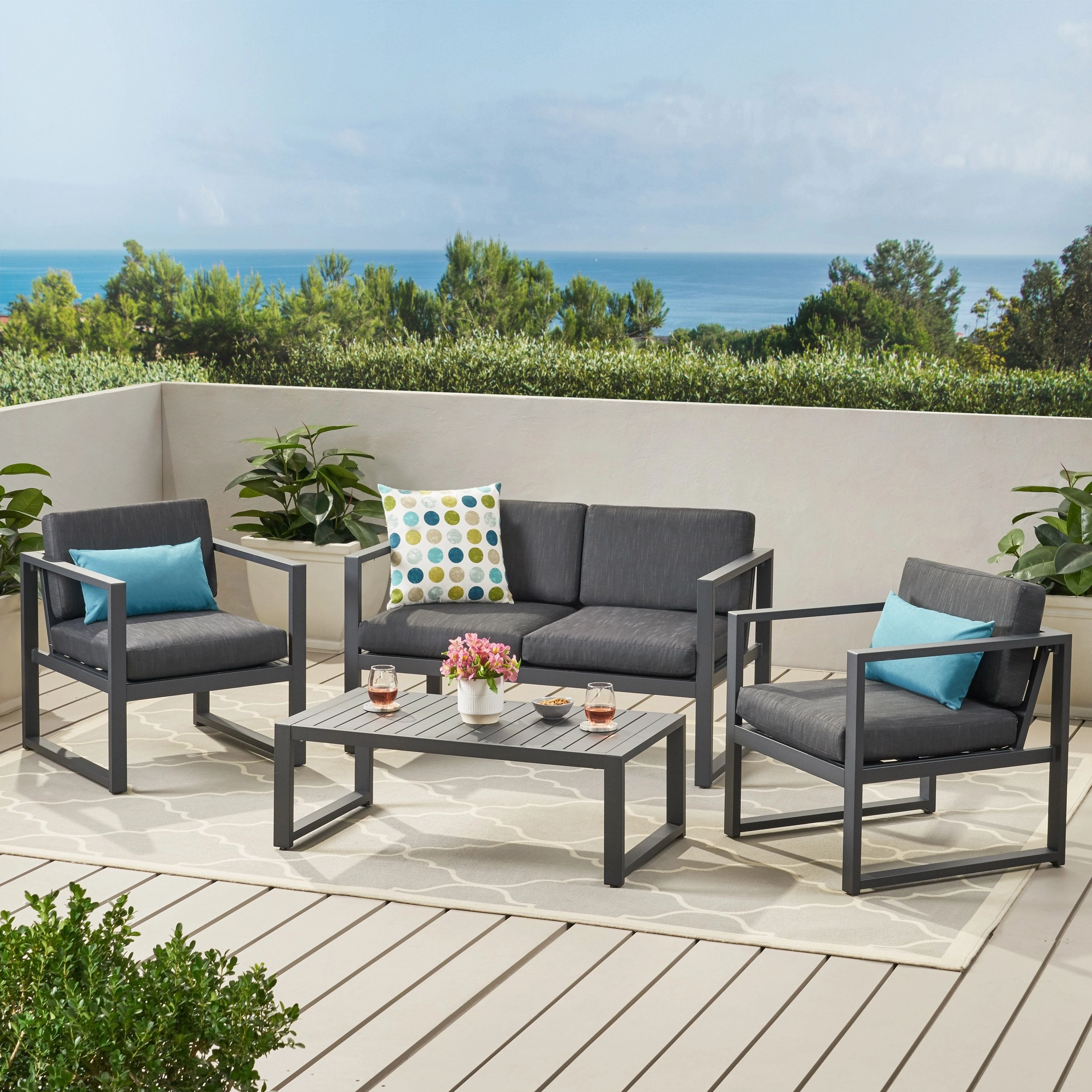 Modern Outdoor 4-Piece Dark Gray Aluminum Chat Set with Cushions - NH962792 outdoor furniture, garden bench