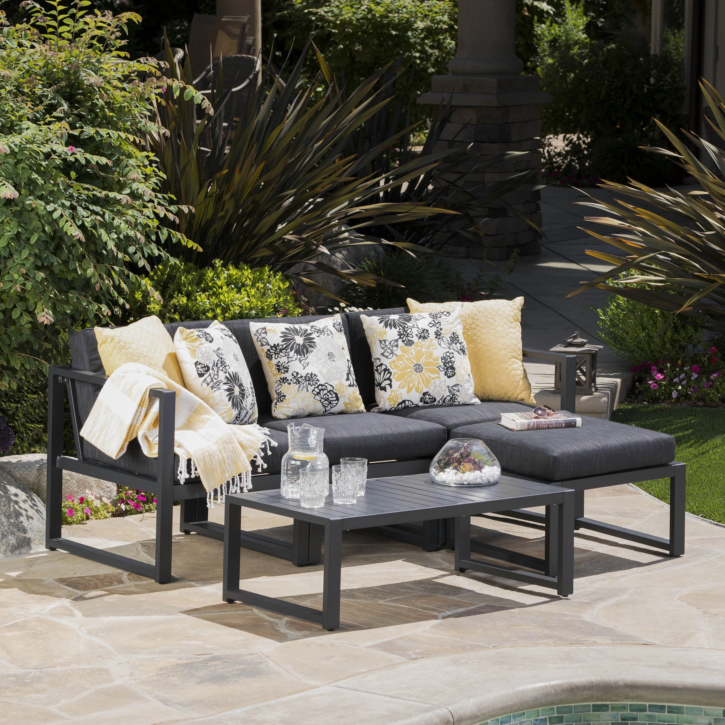 Modern Outdoor Dark Gray Aluminum Sectional Sofa Set with Black Cushions - NH290103 outdoor furniture, garden bench