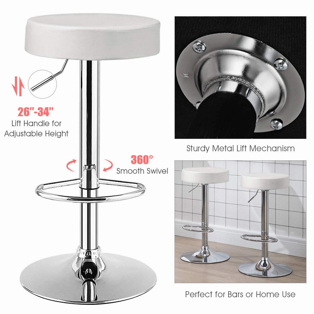 Modern Swivel Backless Round Barstool, PU Leather Armless bar Chair with Height Adjustable, Chrome Footrest