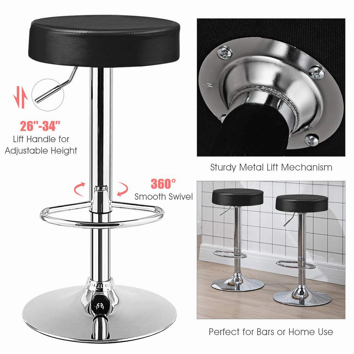 Modern Swivel Backless Round Barstool, PU Leather Armless bar Chair with Height Adjustable, Chrome Footrest