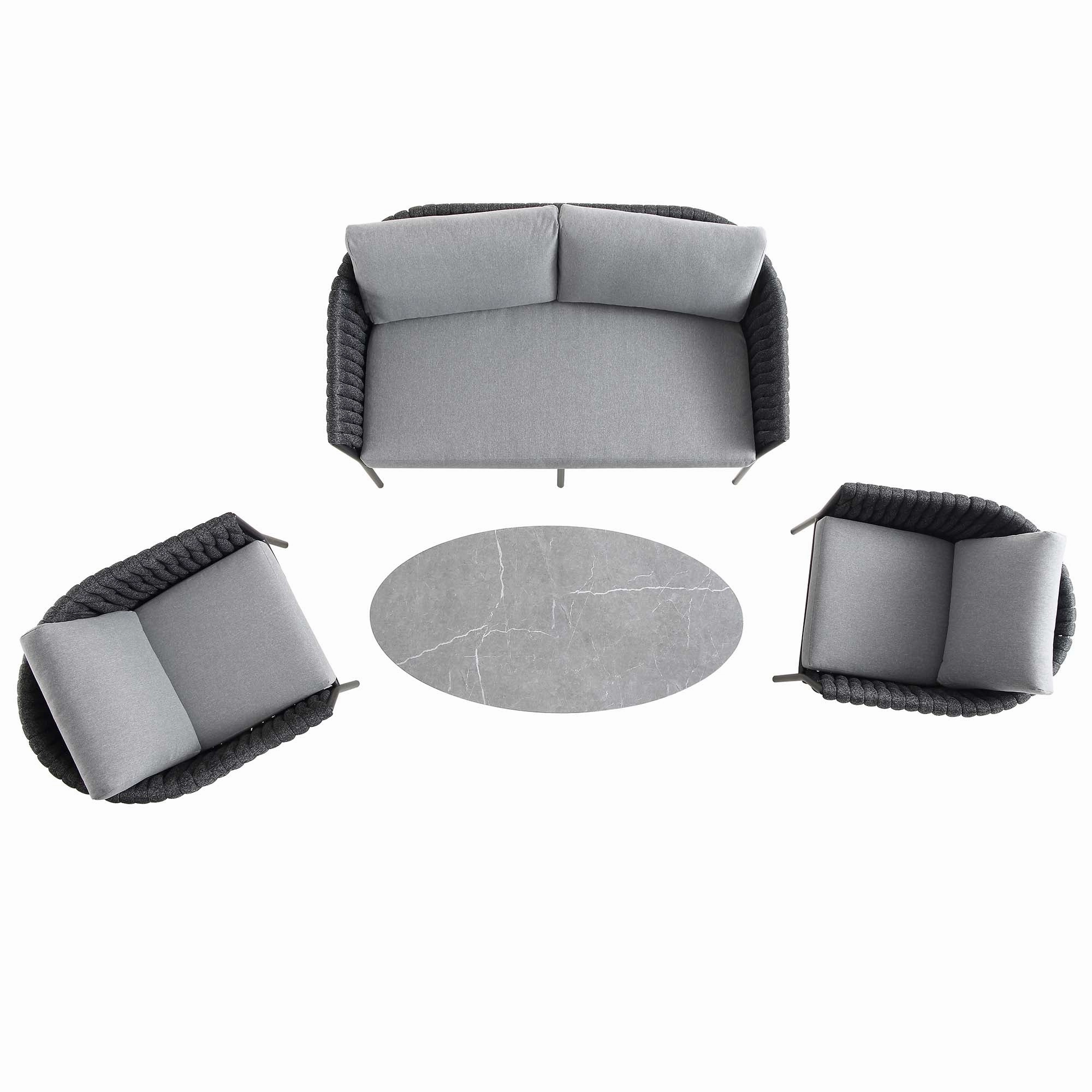 Montebello 4-Seater Outdoor Black Rope and Aluminium Sofa Set with Grey Ceramic Coffee Table