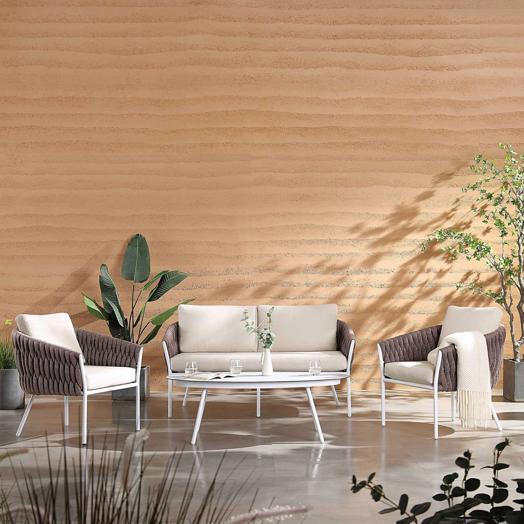 Montebello 4-Seater Outdoor Taupe Rope and Aluminium Sofa Set with White Ceramic Coffee Table