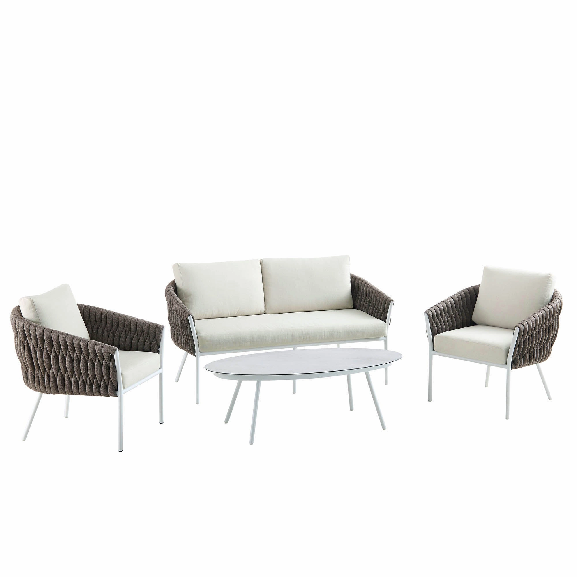 Montebello 4-Seater Outdoor Taupe Rope and Aluminium Sofa Set with White Ceramic Coffee Table