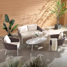 Montebello 4-Seater Outdoor Taupe Rope and Aluminium Sofa Set with White Ceramic Coffee Table