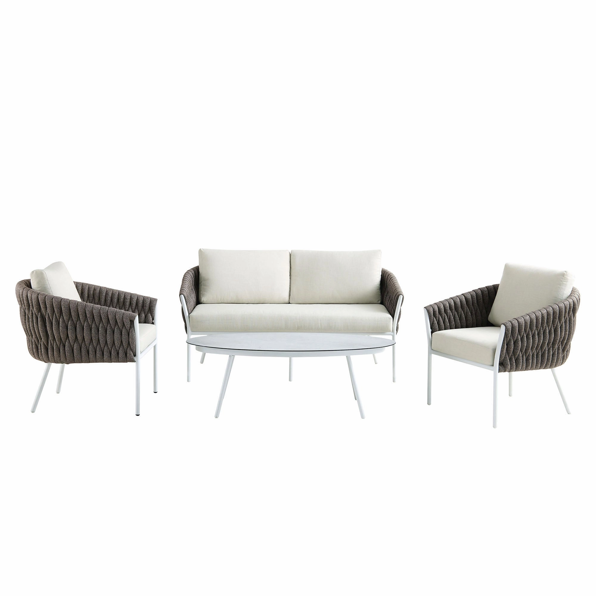 Montebello 4-Seater Outdoor Taupe Rope and Aluminium Sofa Set with White Ceramic Coffee Table