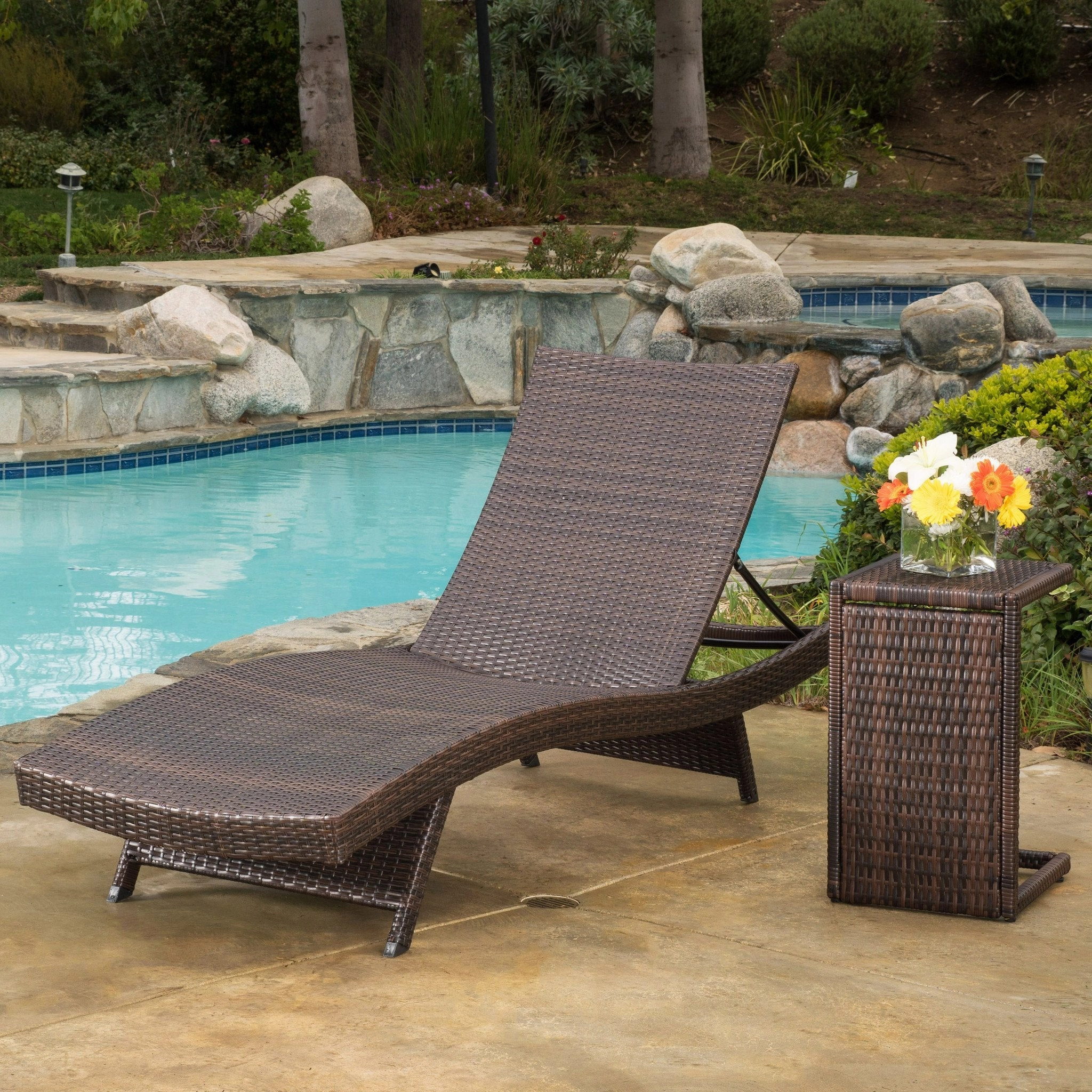 Multi-Brown Wicker Chaise Lounge Set with C-Shaped End Table - NH842792 outdoor furniture, garden bench