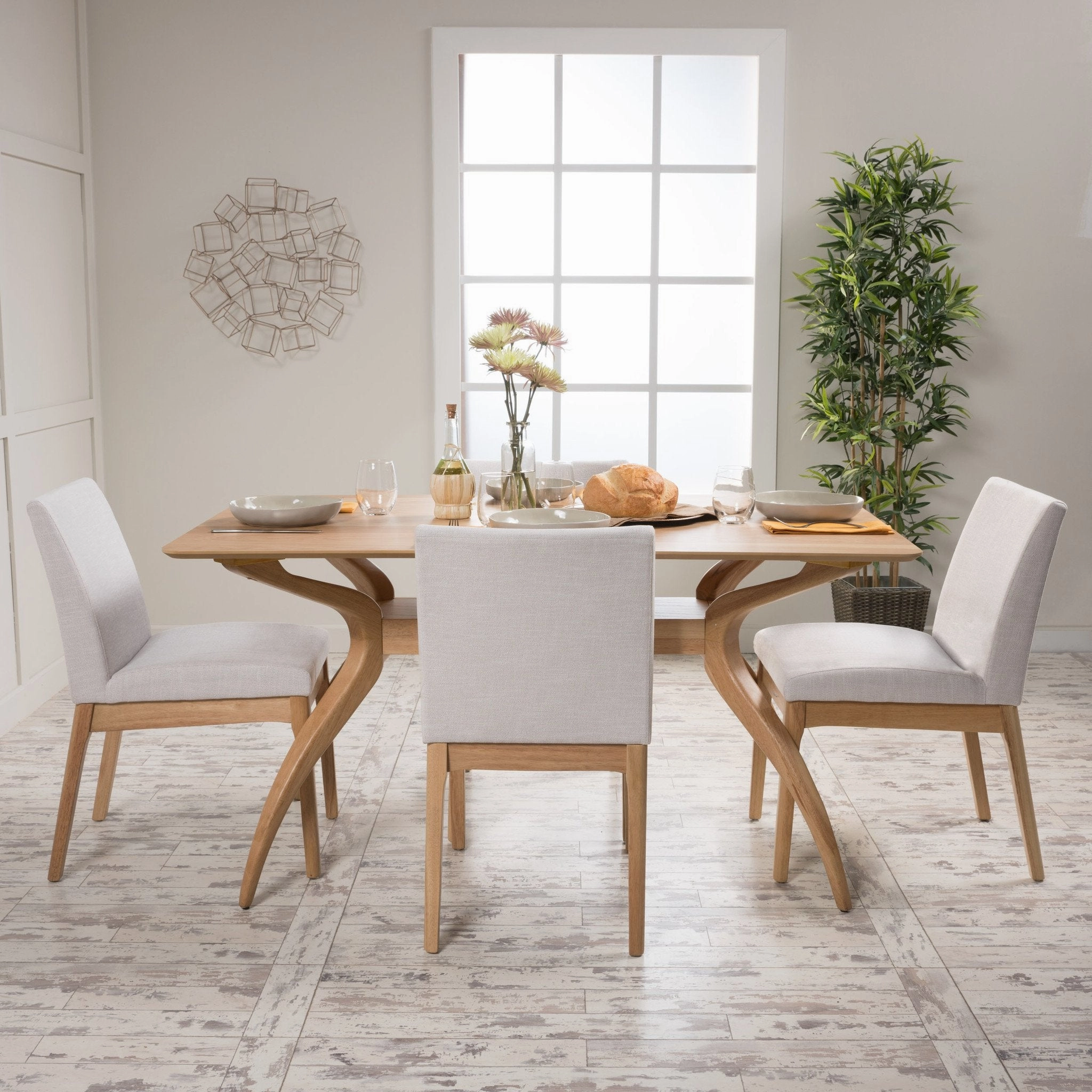 Natural Wood Finish Curved Leg Rectangular 5 Piece Dining Set - NH013992