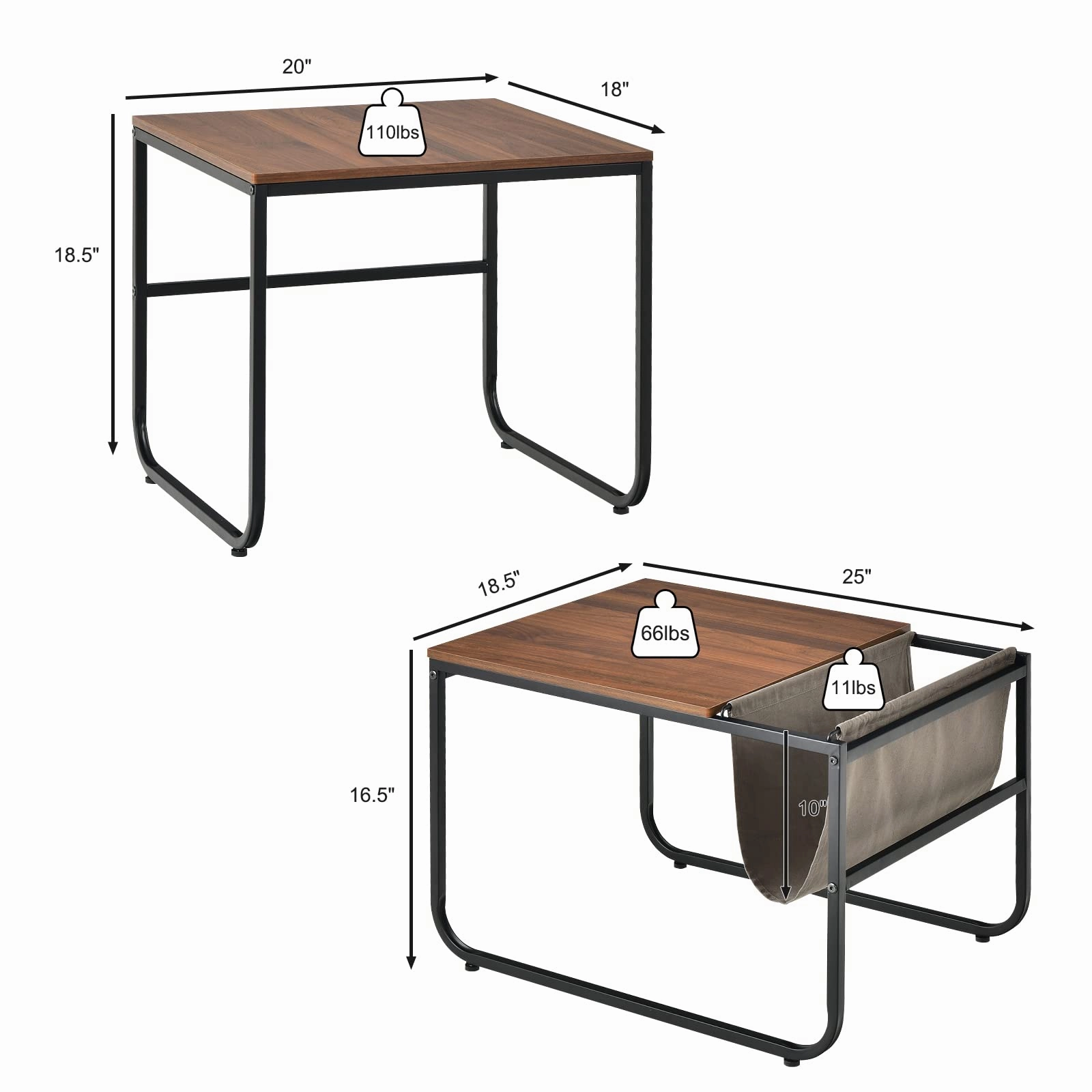Nesting Coffee Table Set of 2, Stackable Side Table w/Side Pocket