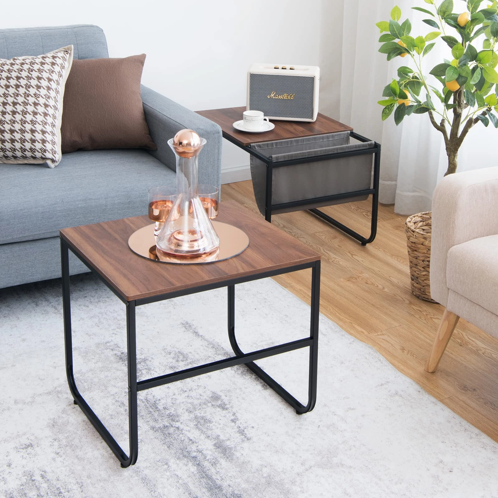 Nesting Coffee Table Set of 2, Stackable Side Table w/Side Pocket