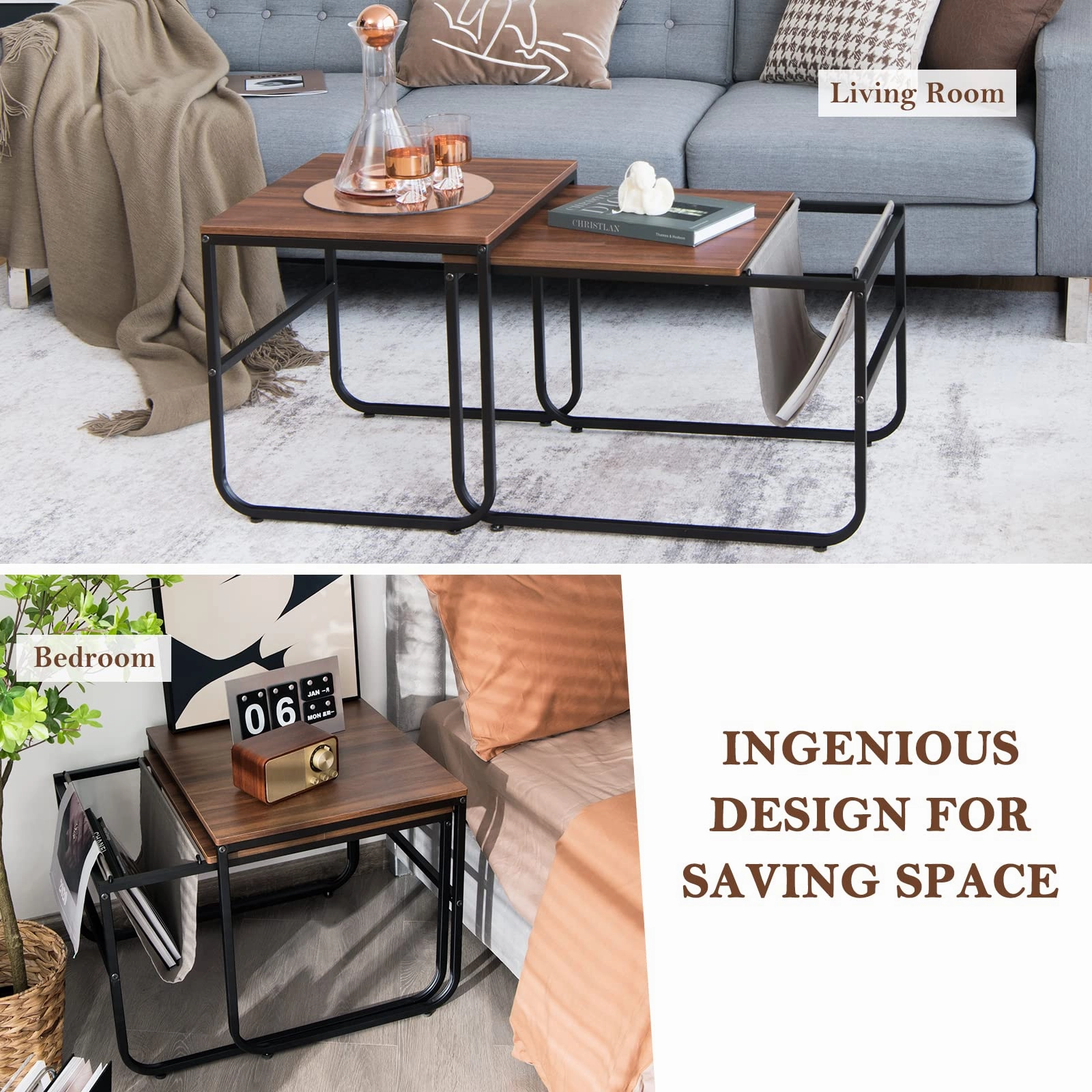 Nesting Coffee Table Set of 2, Stackable Side Table w/Side Pocket