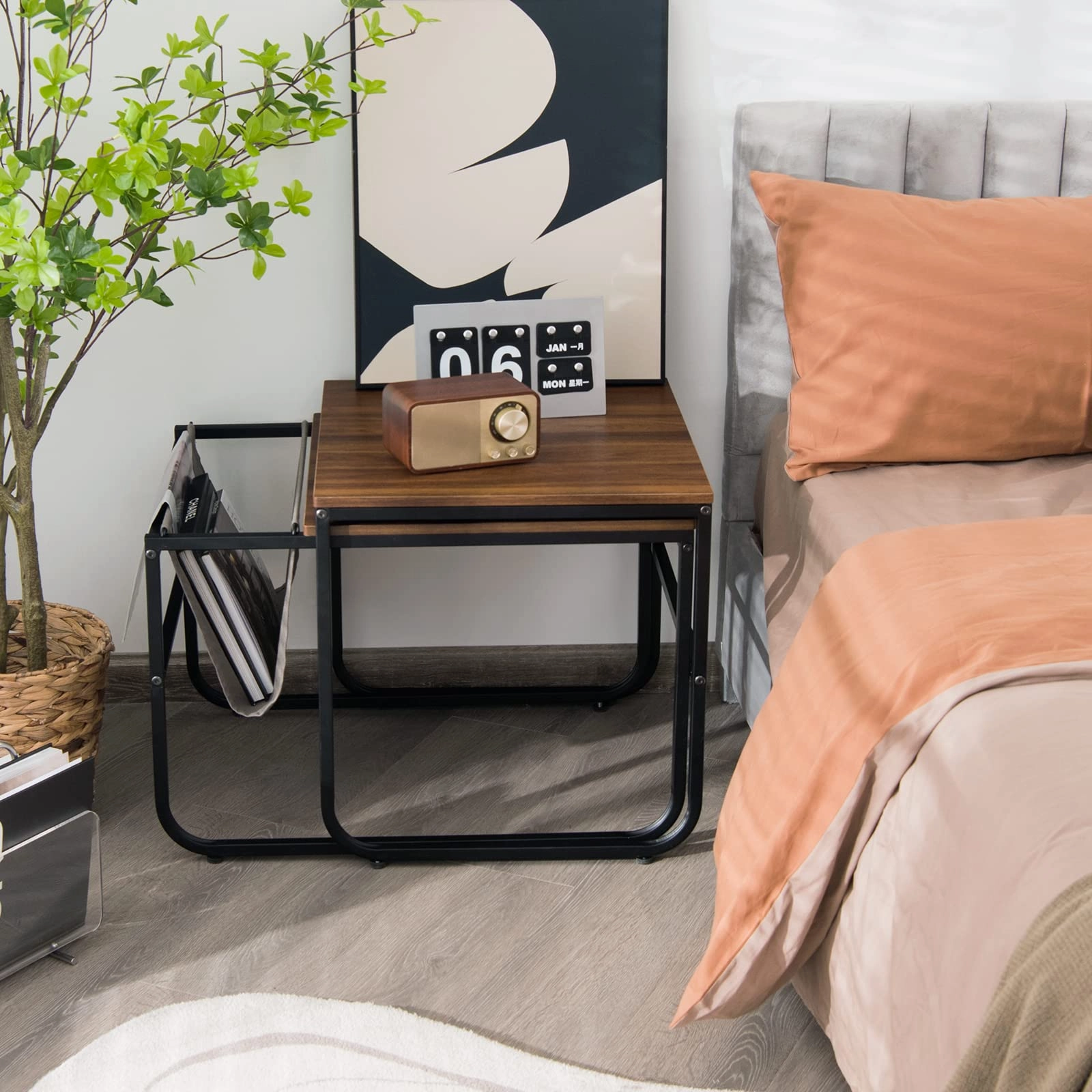Nesting Coffee Table Set of 2, Stackable Side Table w/Side Pocket