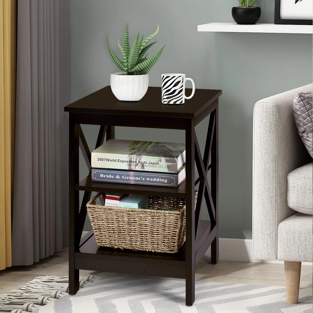 Nightstand 3-Tier X-Design W/Storage Shelves and Stable Structure Storage Organizer Display Sofa Side Table