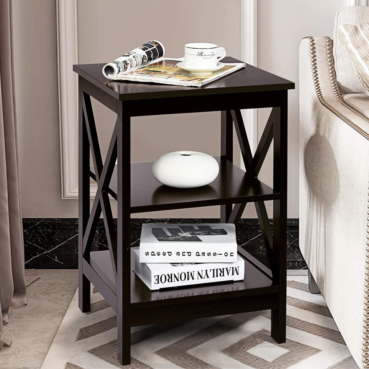 Nightstand 3-Tier X-Design W/Storage Shelves and Stable Structure Storage Organizer Display Sofa Side Table