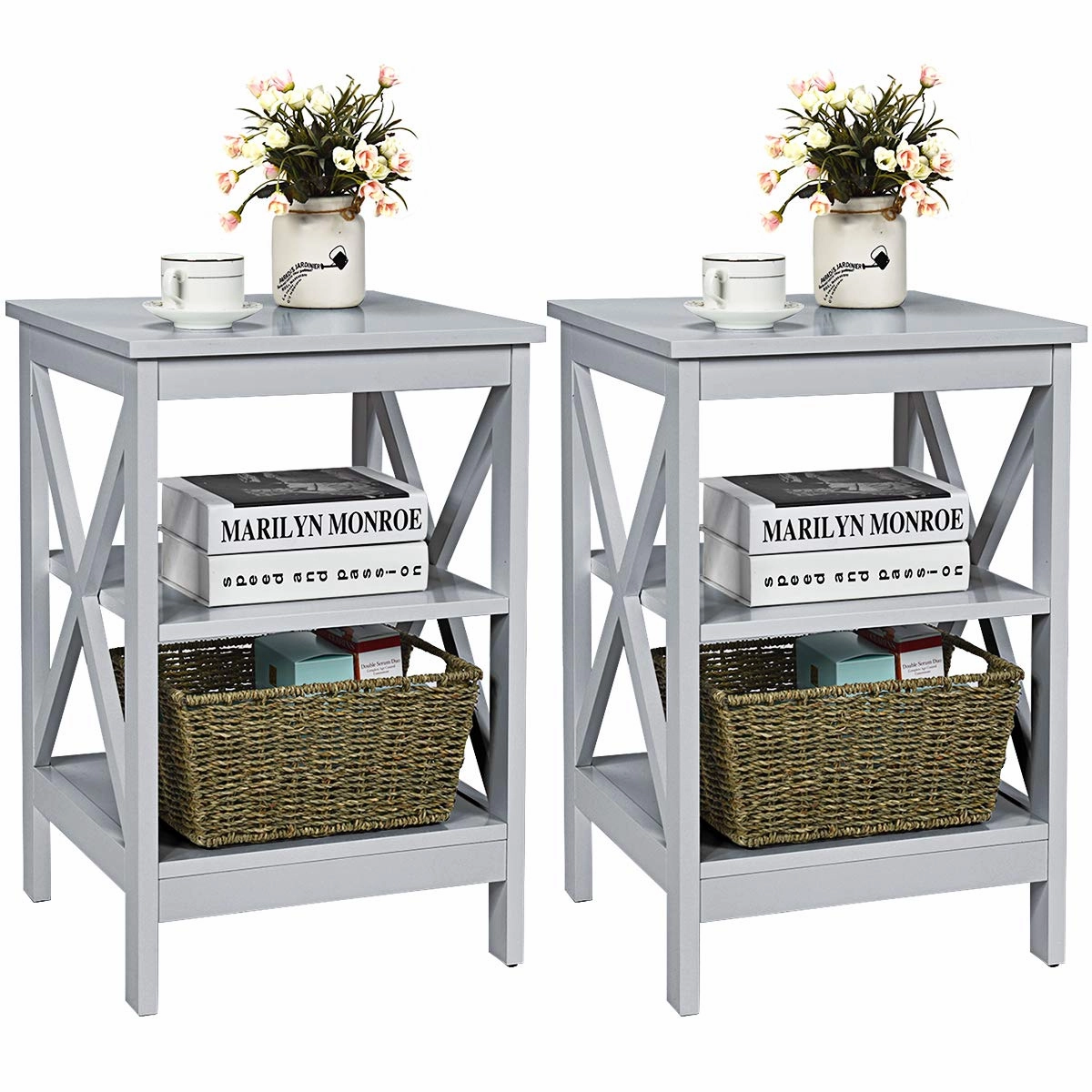 Nightstand 3-Tier X-Design W/Storage Shelves and Stable Structure Storage Organizer Display Sofa Side Table
