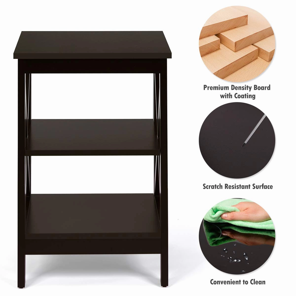 Nightstand 3-Tier X-Design W/Storage Shelves and Stable Structure Storage Organizer Display Sofa Side Table
