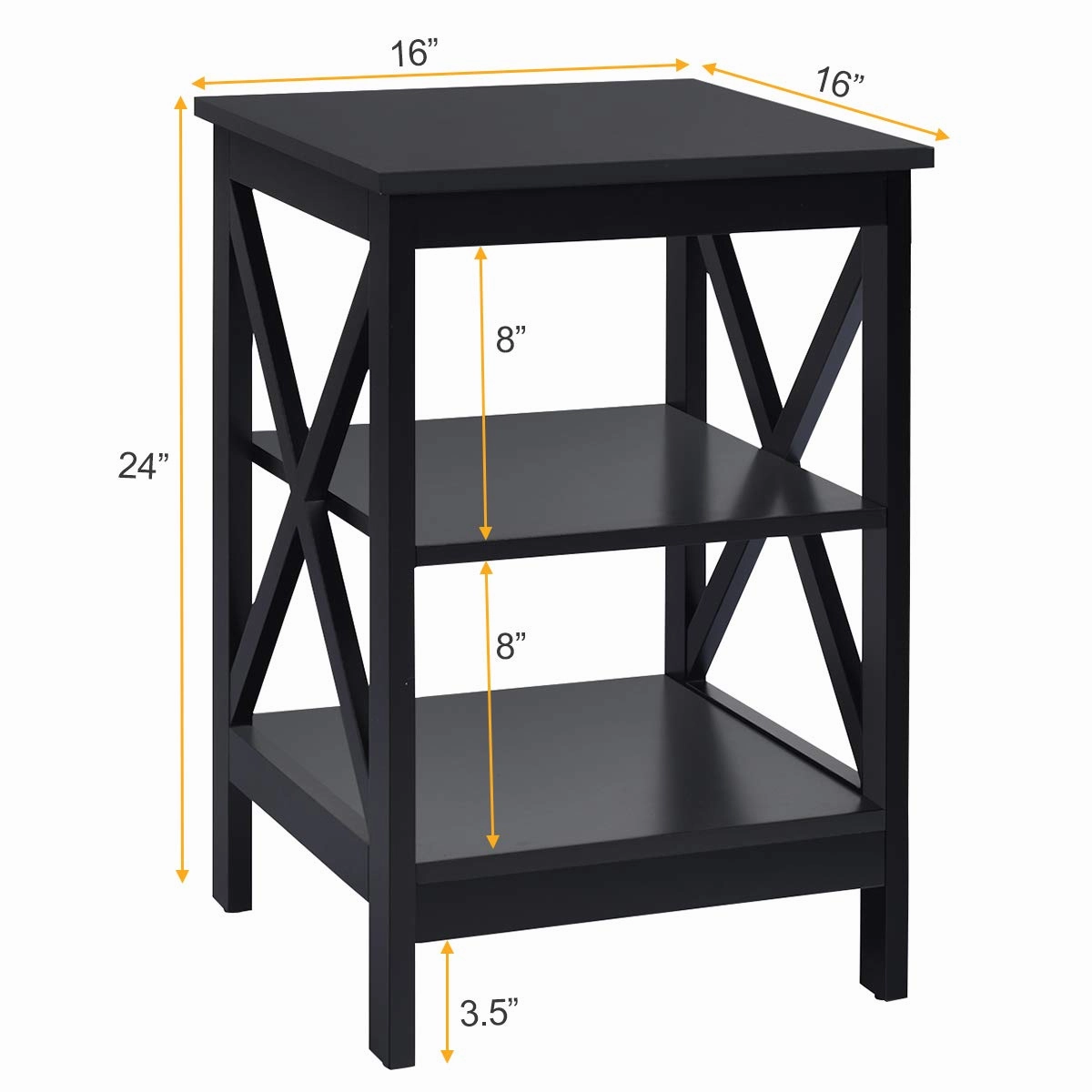 Nightstand 3-Tier X-Design W/Storage Shelves and Stable Structure Storage Organizer Display Sofa Side Table