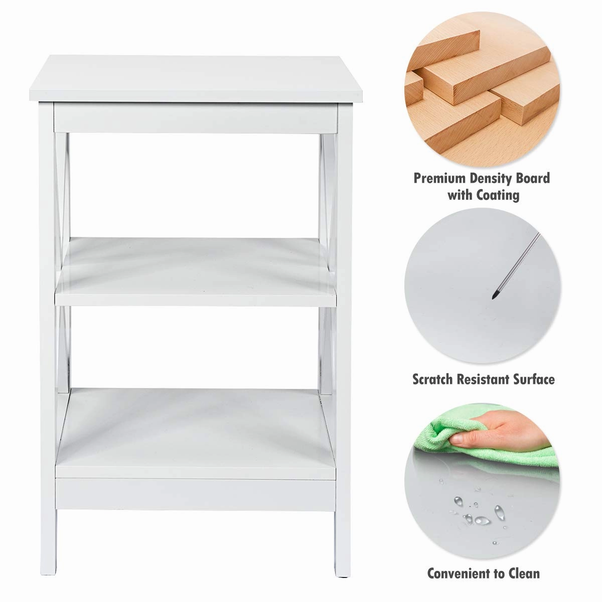 Nightstand 3-Tier X-Design W/Storage Shelves and Stable Structure Storage Organizer Display Sofa Side Table