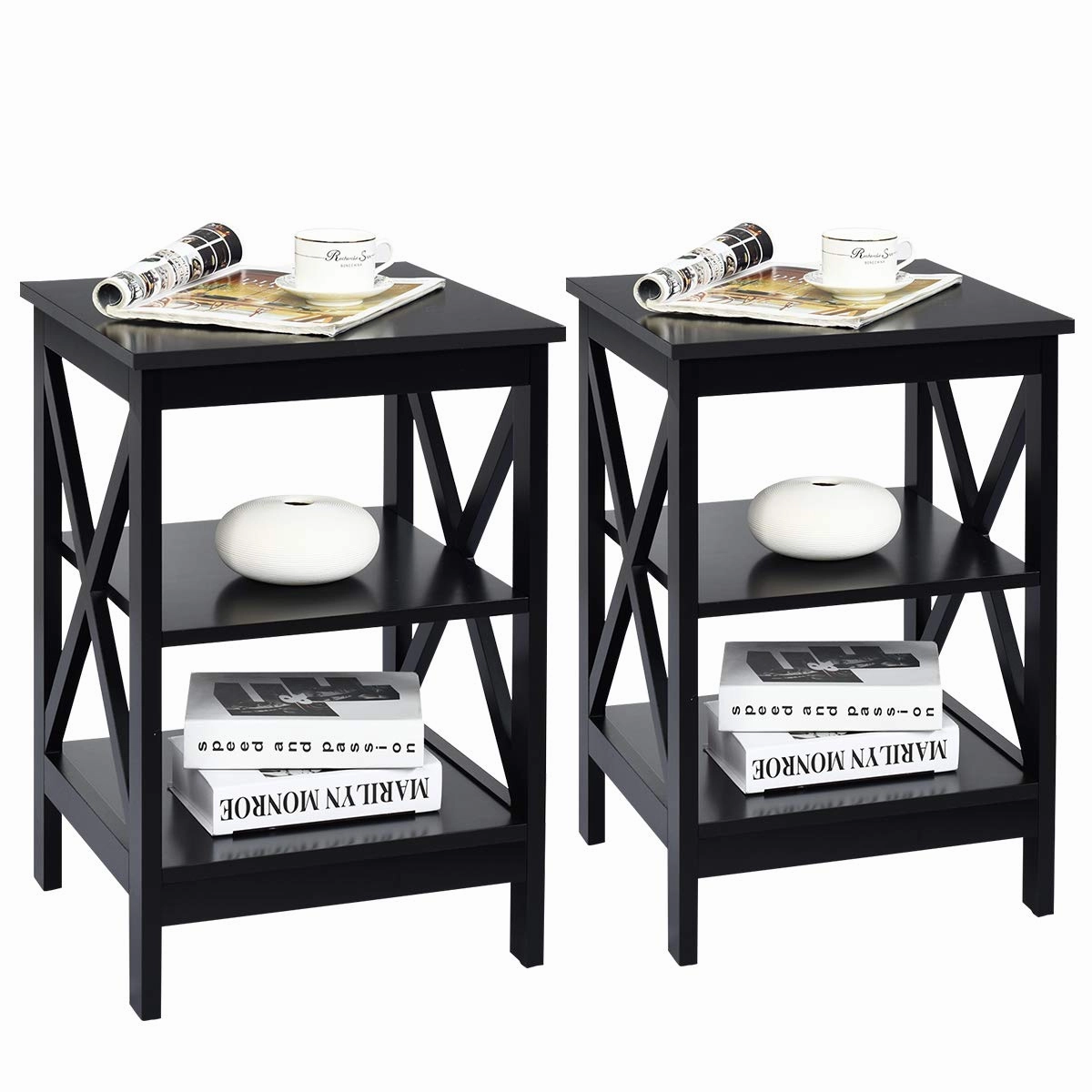 Nightstand 3-Tier X-Design W/Storage Shelves and Stable Structure Storage Organizer Display Sofa Side Table