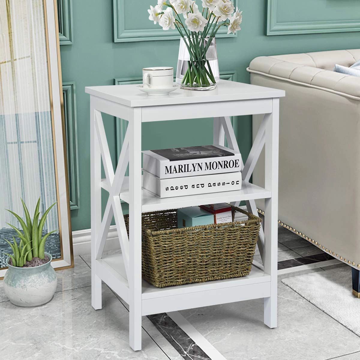 Nightstand 3-Tier X-Design W/Storage Shelves and Stable Structure Storage Organizer Display Sofa Side Table