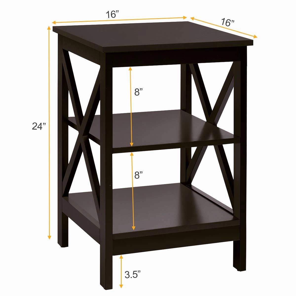 Nightstand 3-Tier X-Design W/Storage Shelves and Stable Structure Storage Organizer Display Sofa Side Table