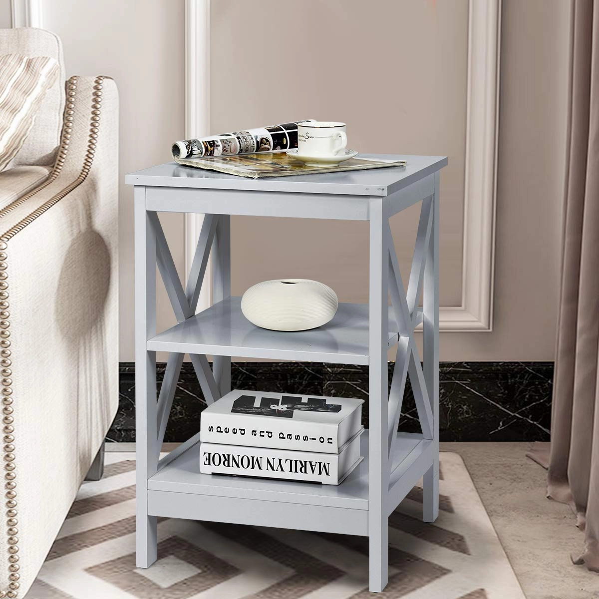 Nightstand 3-Tier X-Design W/Storage Shelves and Stable Structure Storage Organizer Display Sofa Side Table