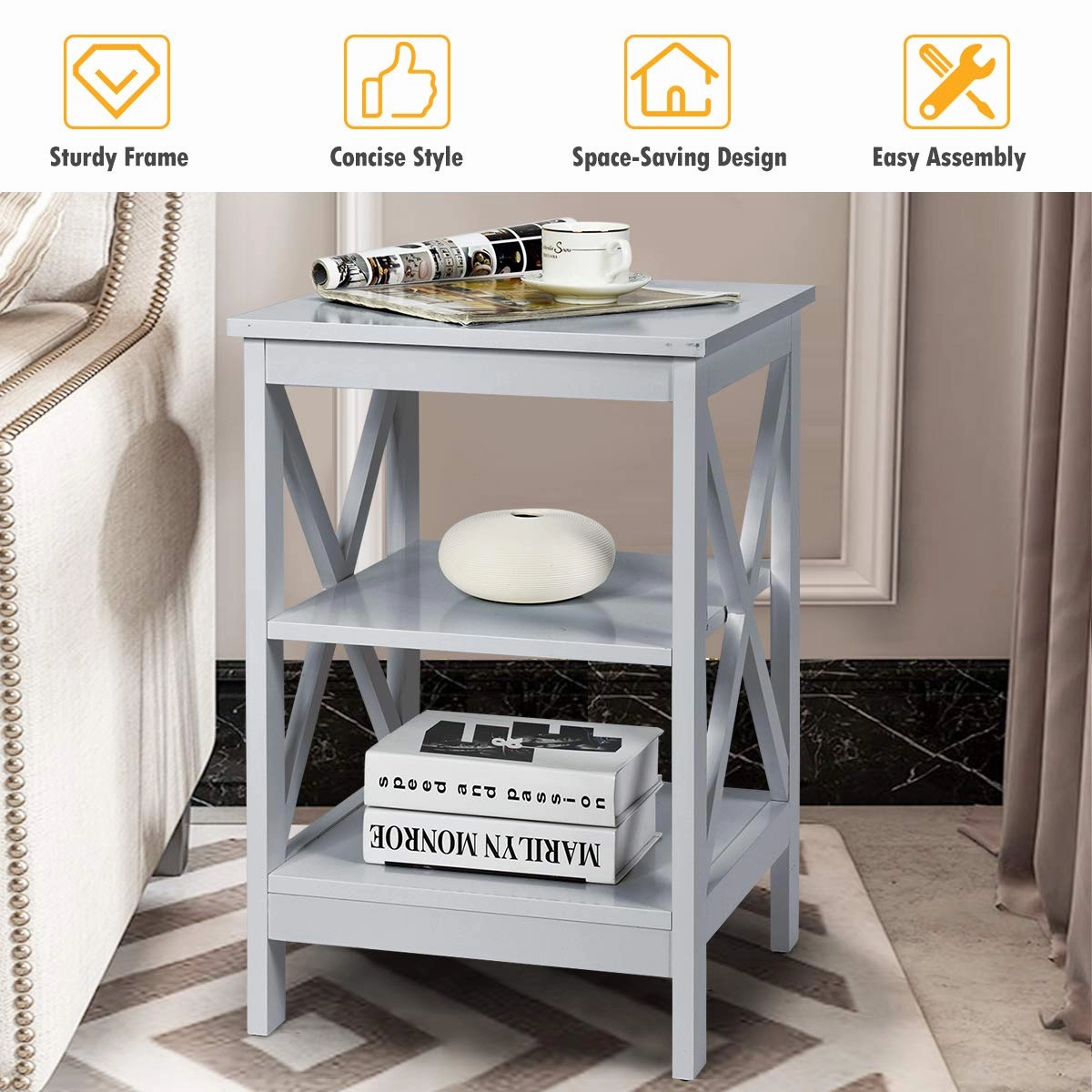 Nightstand 3-Tier X-Design W/Storage Shelves and Stable Structure Storage Organizer Display Sofa Side Table