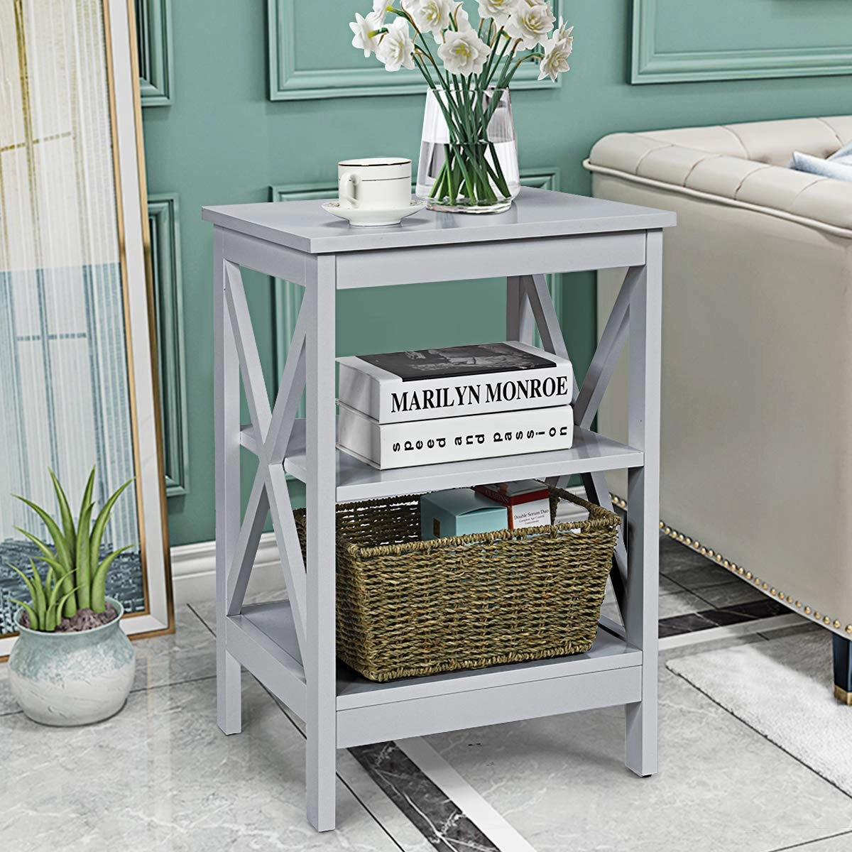 Nightstand 3-Tier X-Design W/Storage Shelves and Stable Structure Storage Organizer Display Sofa Side Table