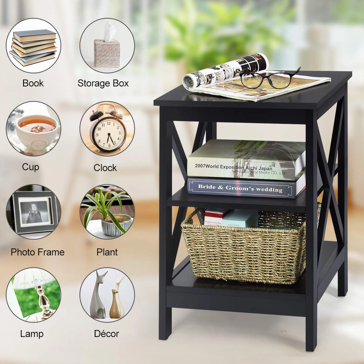 Nightstand 3-Tier X-Design W/Storage Shelves and Stable Structure Storage Organizer Display Sofa Side Table