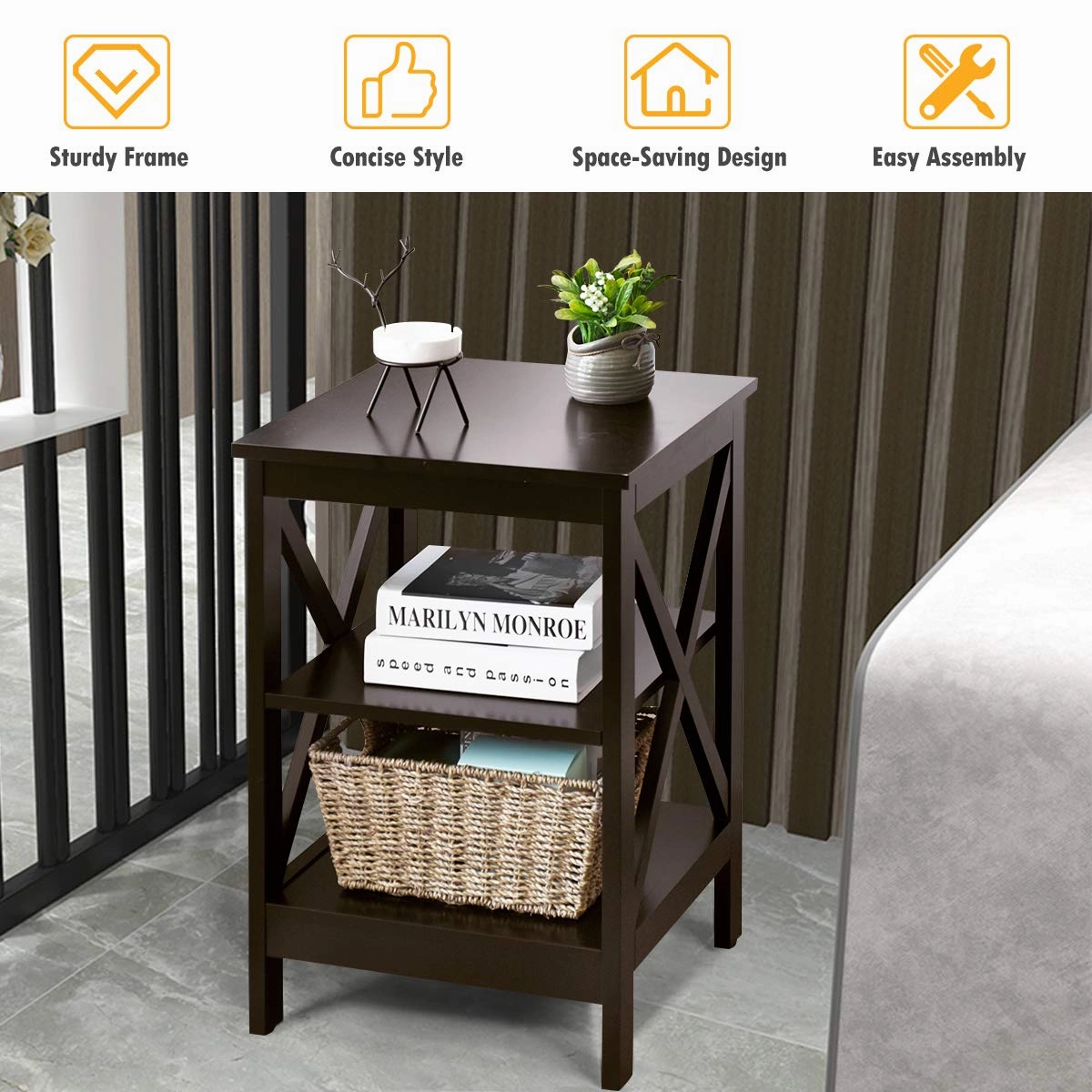 Nightstand 3-Tier X-Design W/Storage Shelves and Stable Structure Storage Organizer Display Sofa Side Table