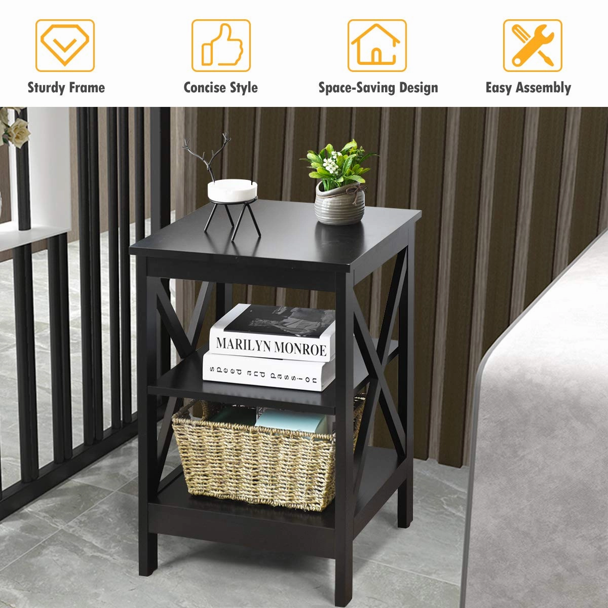 Nightstand 3-Tier X-Design W/Storage Shelves and Stable Structure Storage Organizer Display Sofa Side Table