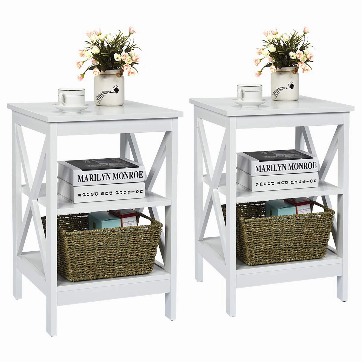 Nightstand 3-Tier X-Design W/Storage Shelves and Stable Structure Storage Organizer Display Sofa Side Table