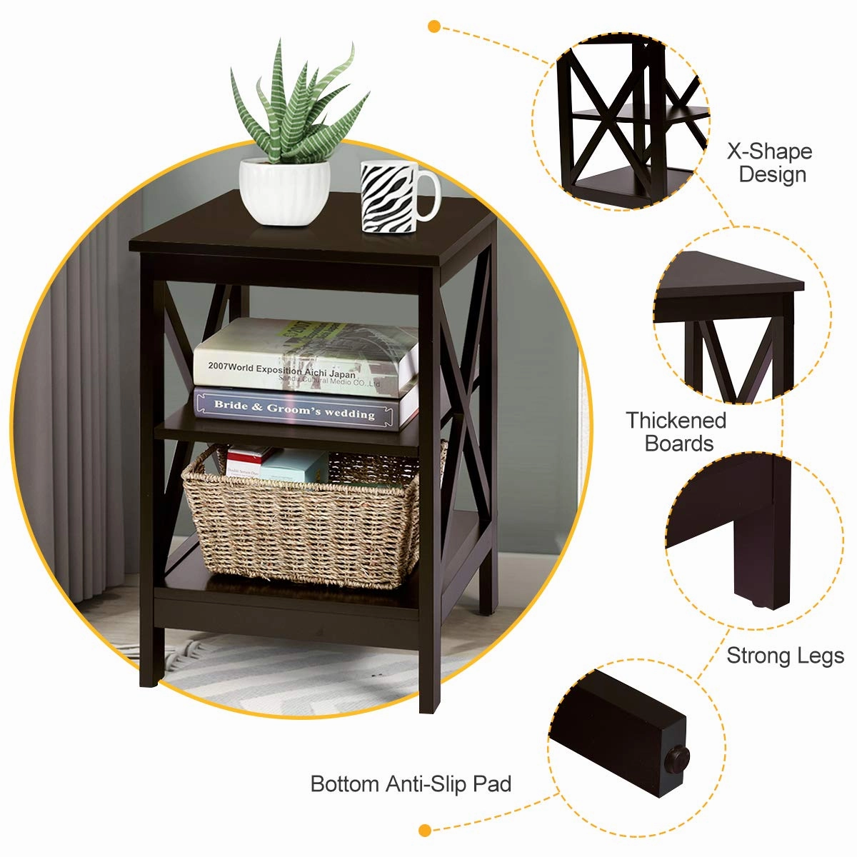 Nightstand 3-Tier X-Design W/Storage Shelves and Stable Structure Storage Organizer Display Sofa Side Table