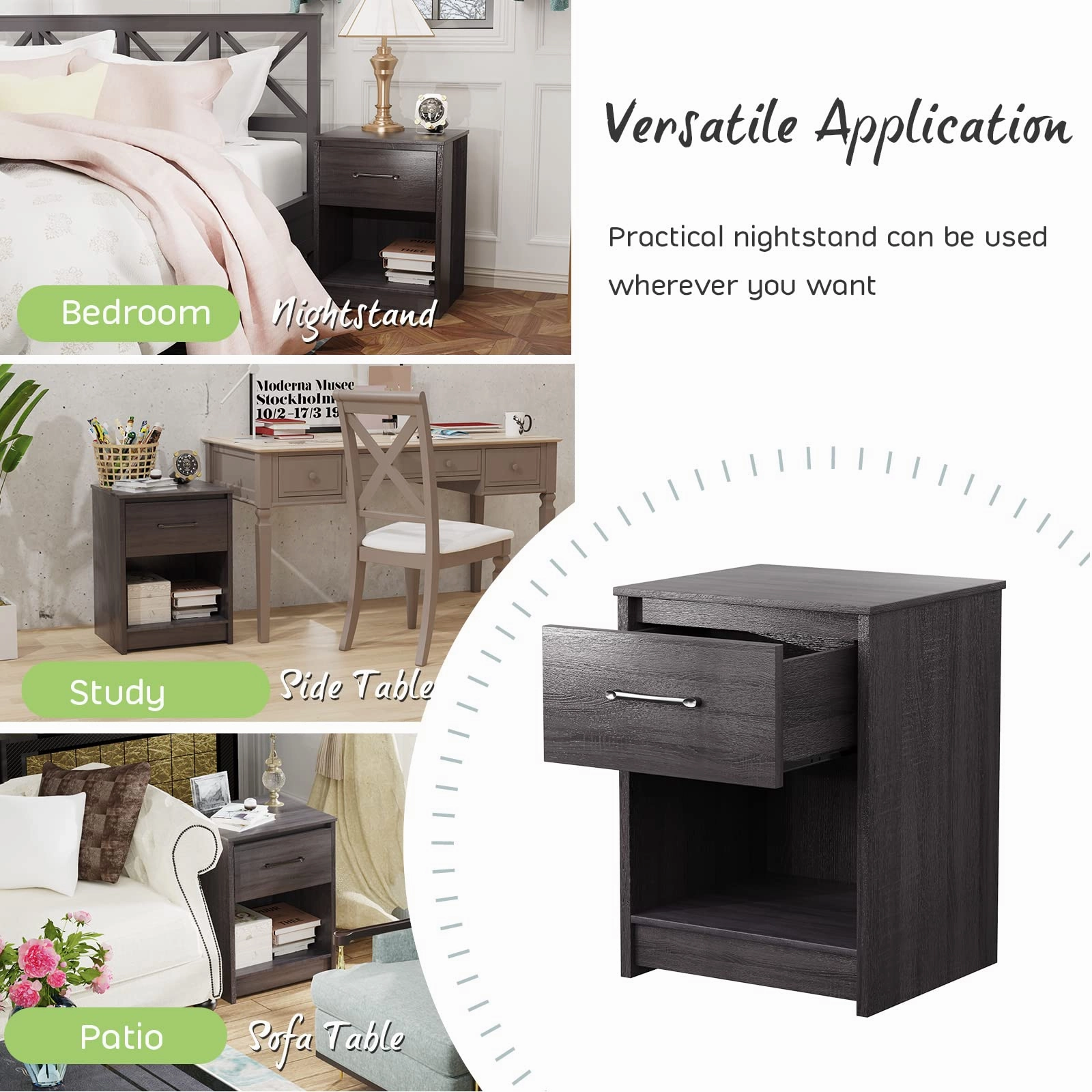 Nightstand w/Drawer, Wooden End Table w/Open Storage Compartment