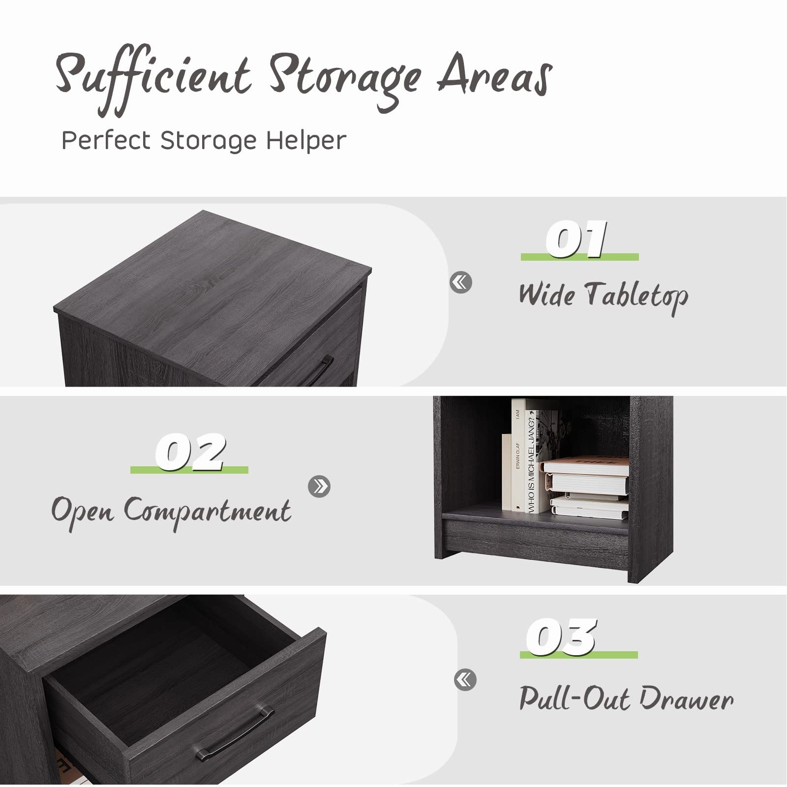 Nightstand w/Drawer, Wooden End Table w/Open Storage Compartment