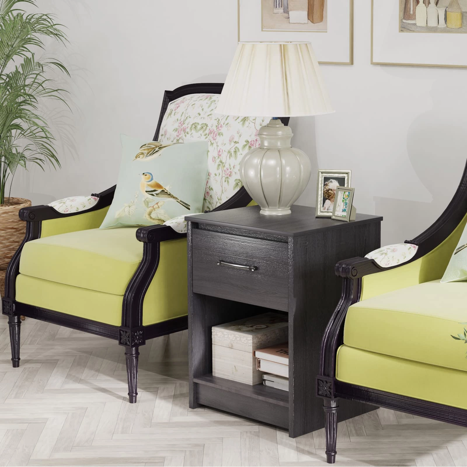 Nightstand w/Drawer, Wooden End Table w/Open Storage Compartment