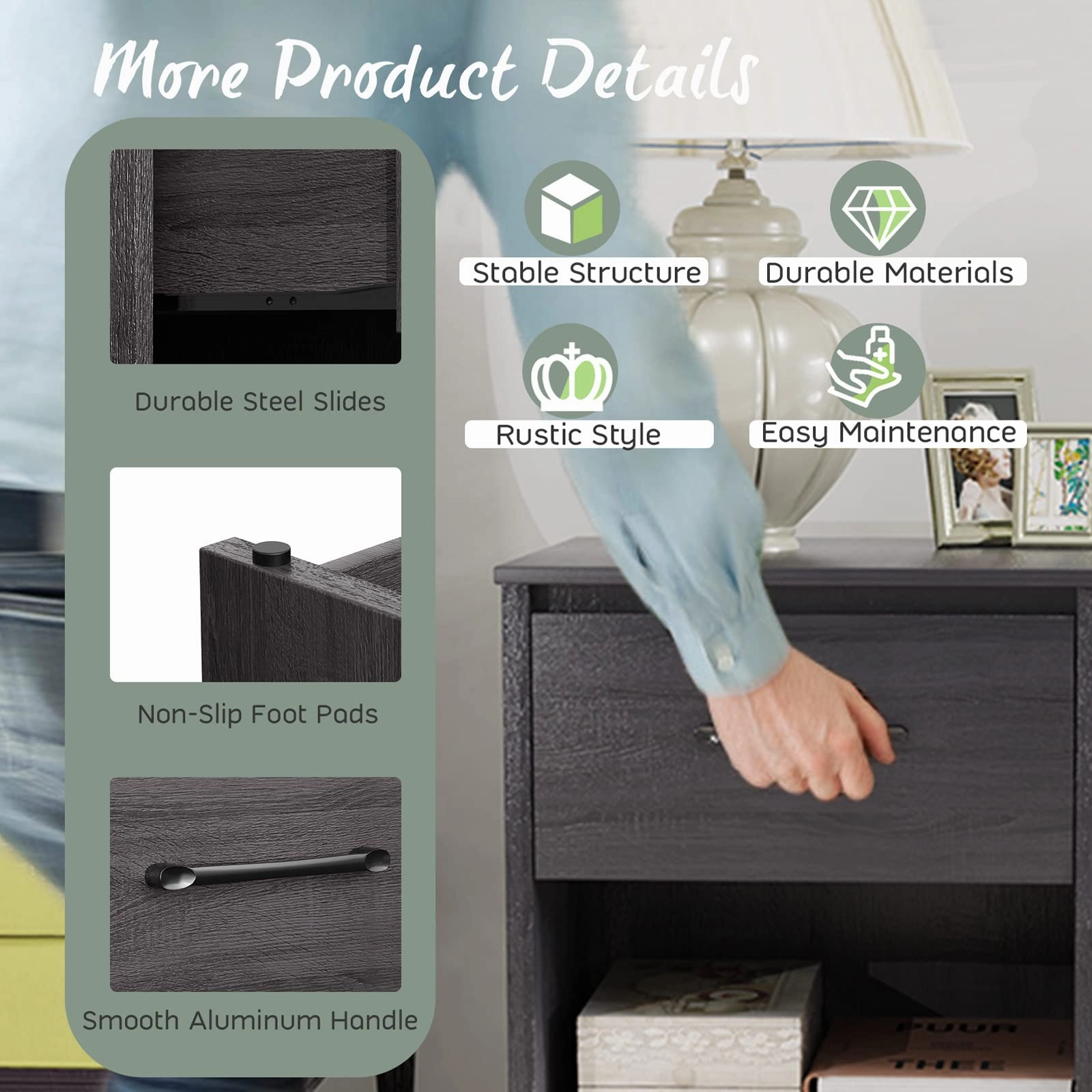 Nightstand w/Drawer, Wooden End Table w/Open Storage Compartment