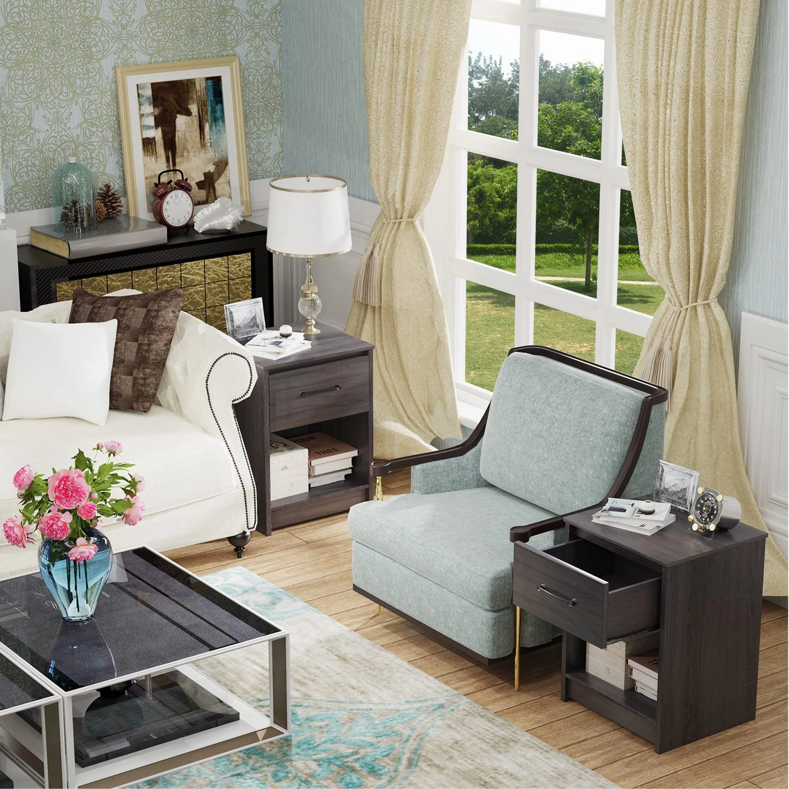 Nightstand w/Drawer, Wooden End Table w/Open Storage Compartment
