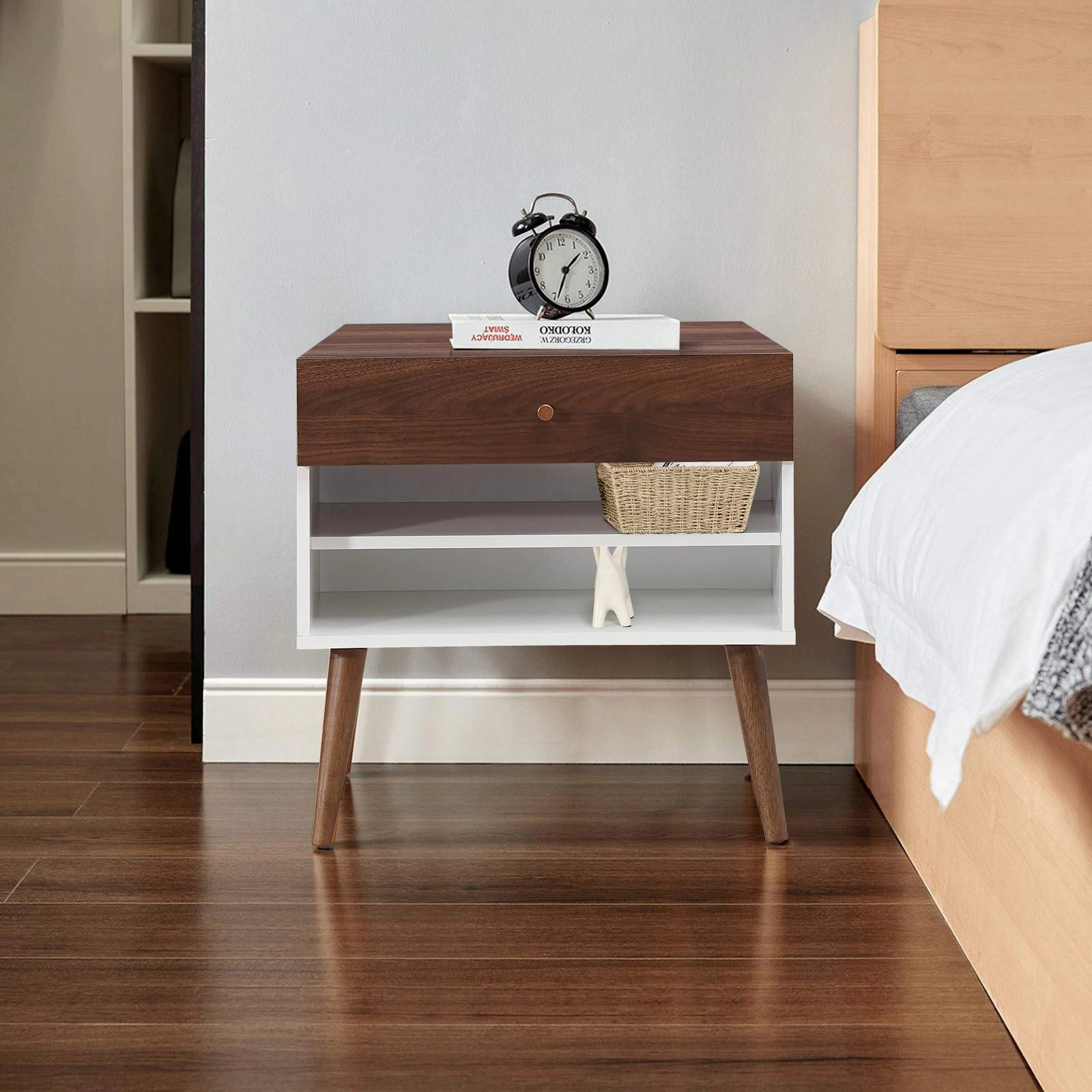 Nightstand with Drawer and Storage Shelves & Rubber Wood Legs, Brown&White