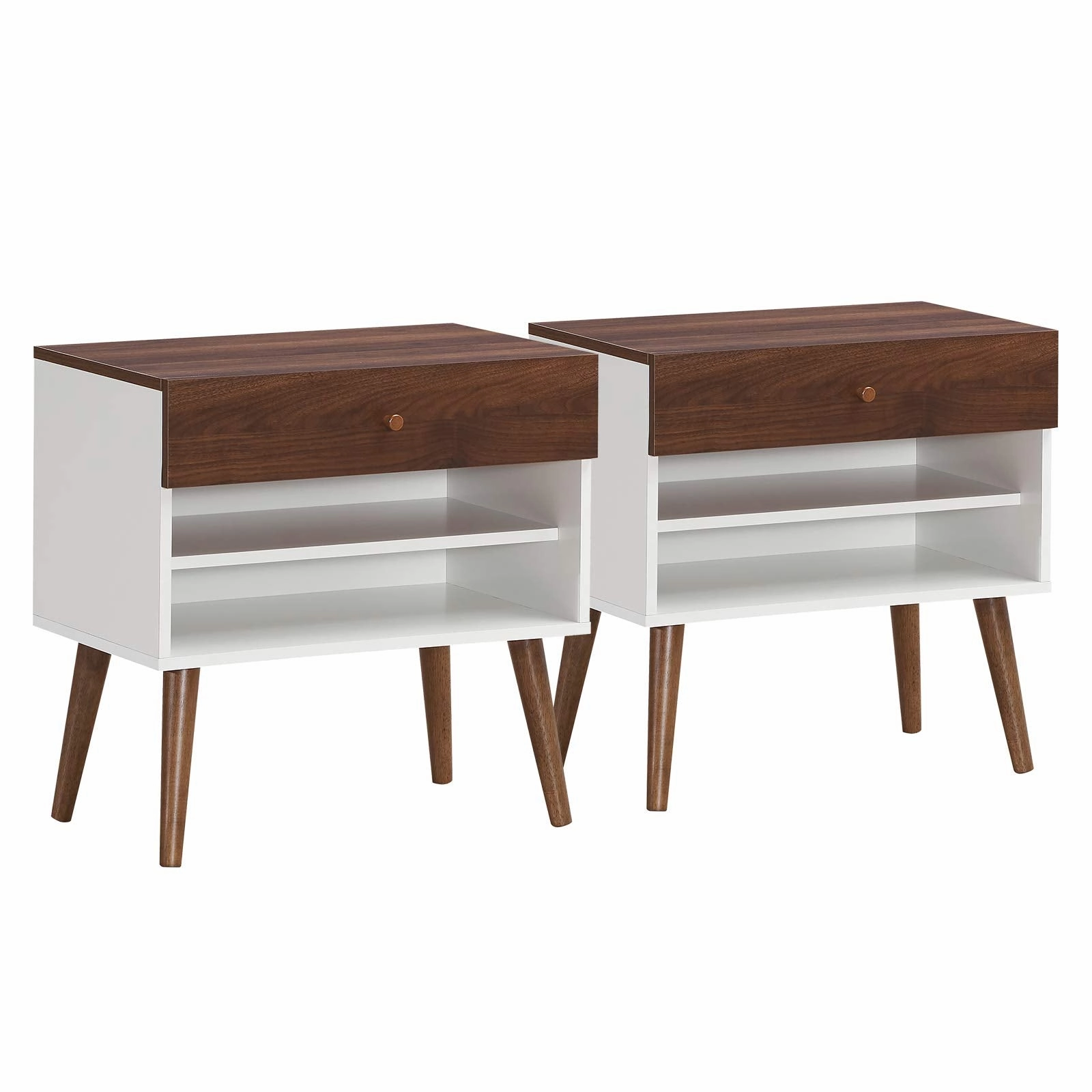 Nightstand with Drawer and Storage Shelves & Rubber Wood Legs, Brown&White