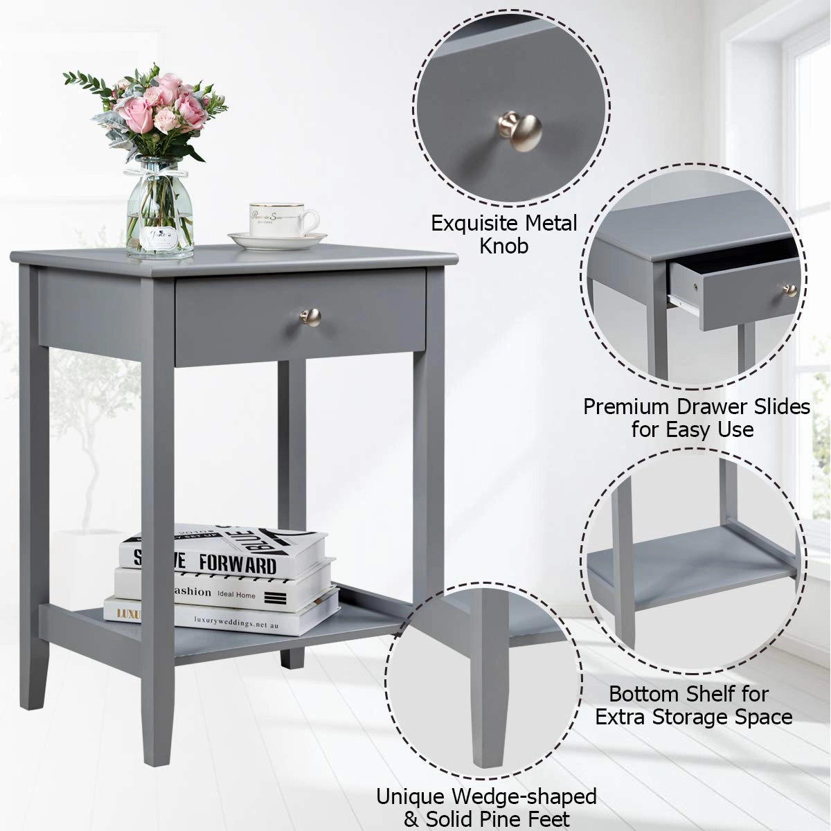 Nightstand Wooden 2-Tier Couch Sofa Side Table with Drawer, End Table