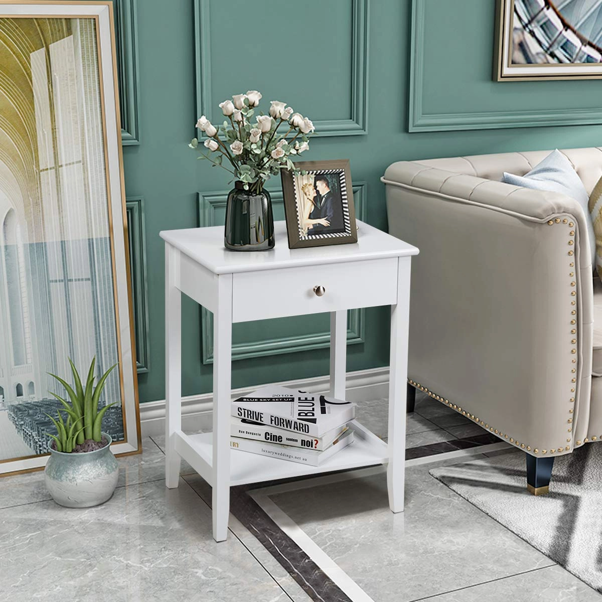 Nightstand Wooden 2-Tier Couch Sofa Side Table with Drawer, End Table