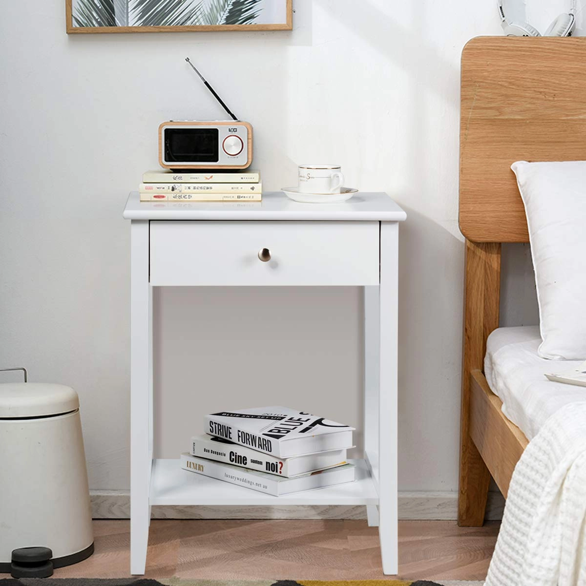 Nightstand Wooden 2-Tier Couch Sofa Side Table with Drawer, End Table