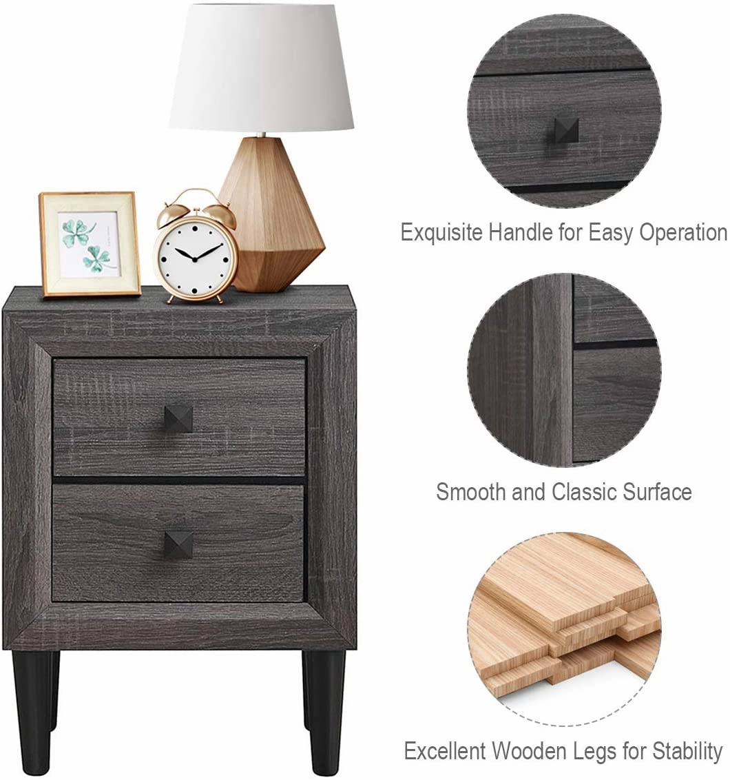 Nightstand Wooden W/Two Storage Drawers and Handles
