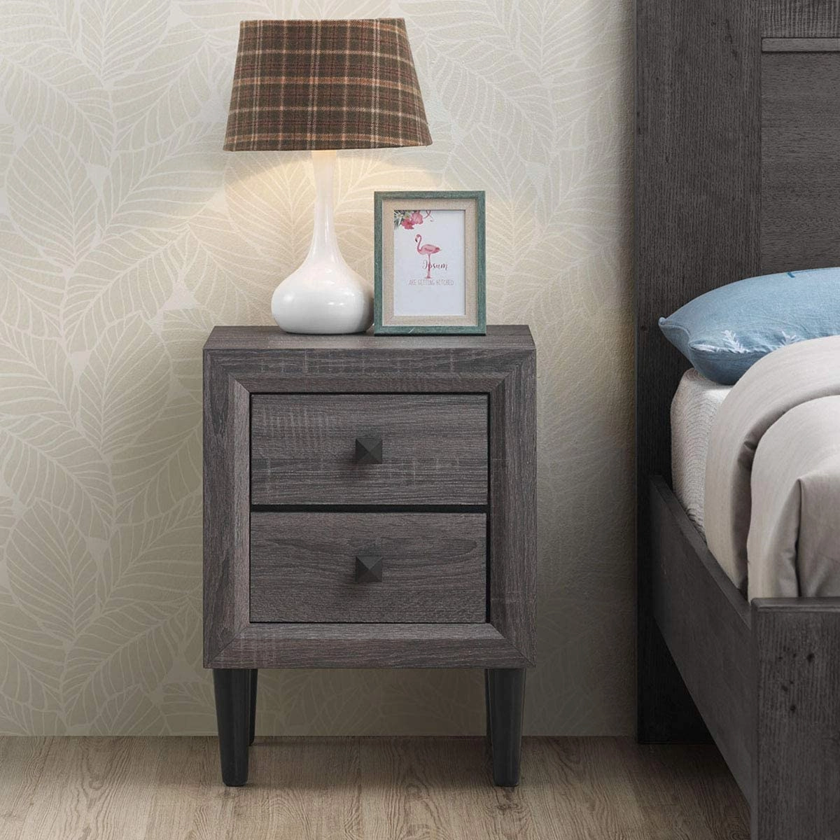 Nightstand Wooden W/Two Storage Drawers and Handles