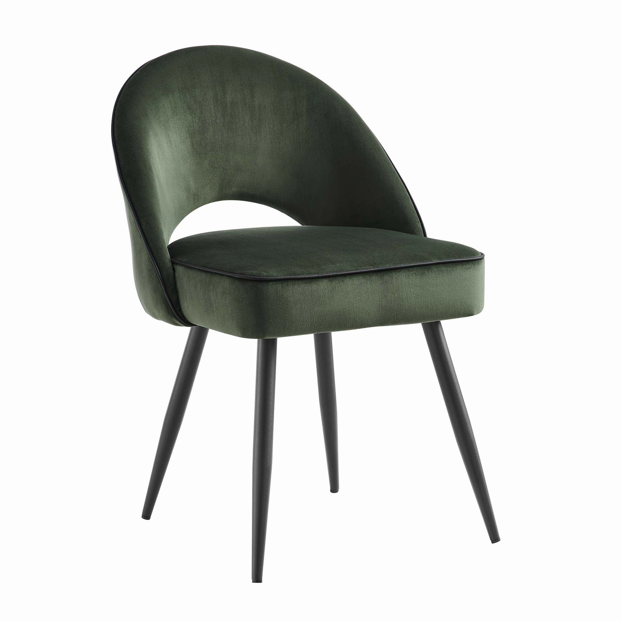 Oakley Set of 2 Dark Green Velvet Upholstered Dining Chairs with Contrast Piping