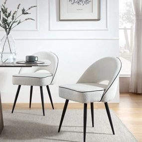 Oakley Set of 2 White Boucle Upholstered Dining Chairs with Piping