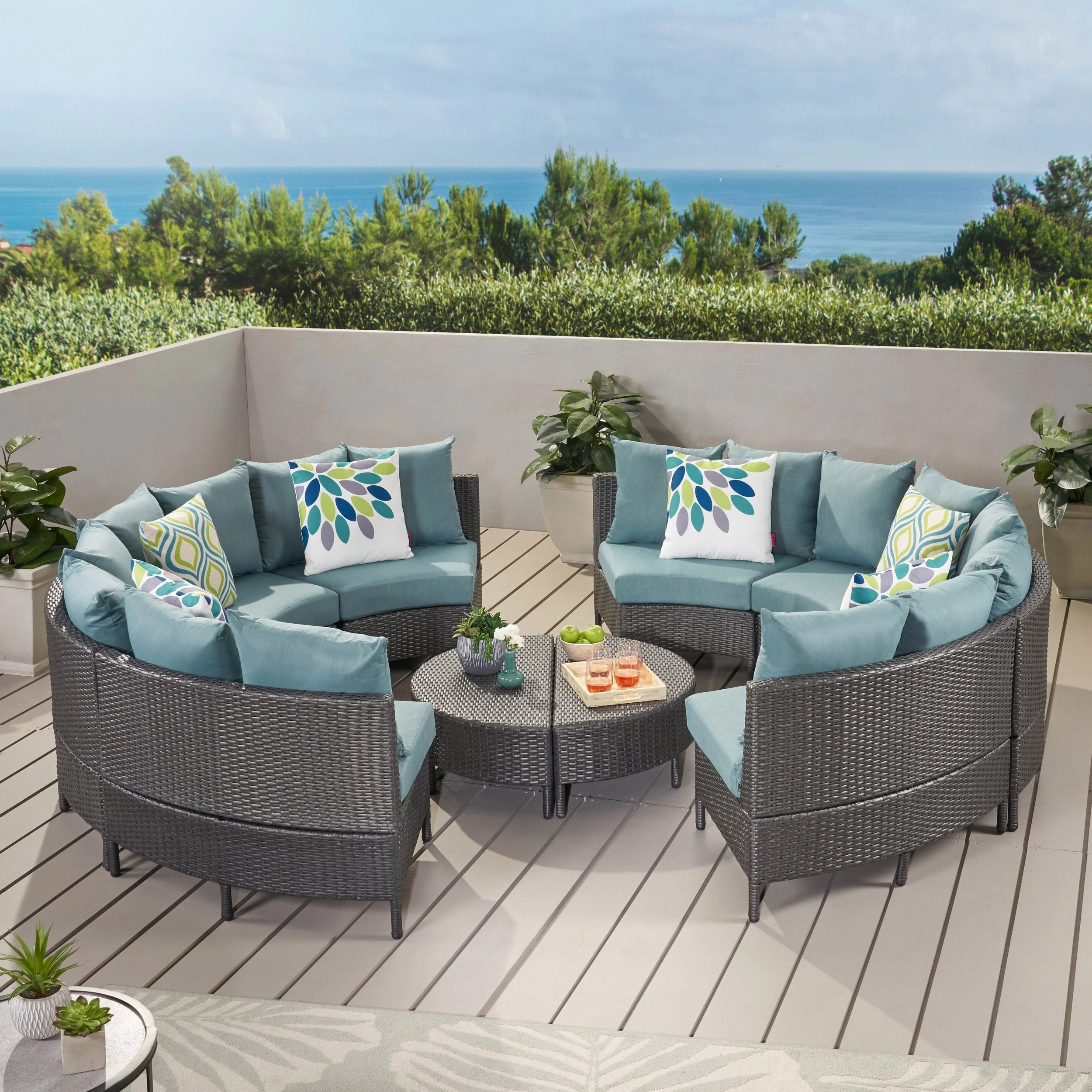 Outdoor 10 Piece Gray Wicker Sectional Sofa Set with Teal Cushions - NH406203 outdoor furniture, garden bench